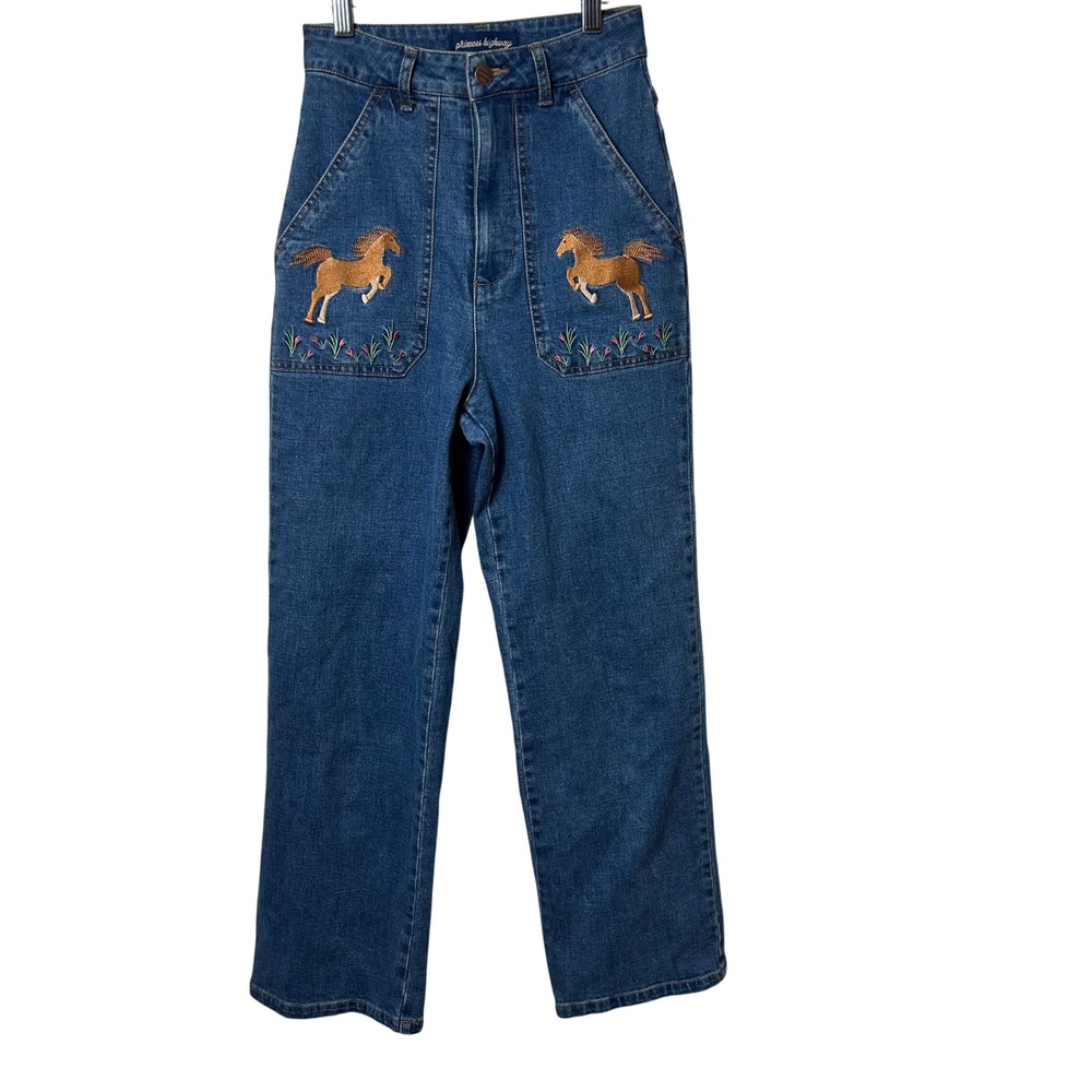 Princess Highway Blue Horse Embroidered High Rise Straight Leg Jeans Size 6
